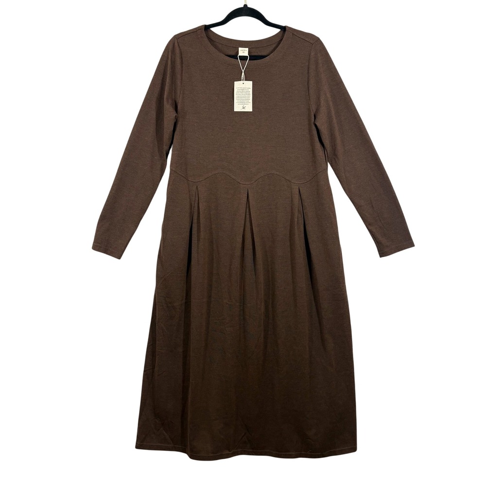 NEW Lintico Calista Wool Blend Arc Panel Sculpted Pleats Maxi Dress Size M Brown - Picture 2 of 10